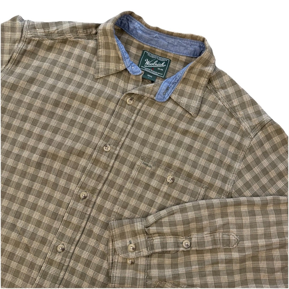 Woolrich Men's L‎ Button Up Shirt Beige Brown Plaid Flannel Long Sleeve Pocket